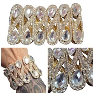 Pear Shaped Rhinestone Stretch Cuff Bracelet w/Gold Tone Base Fits All Sizes